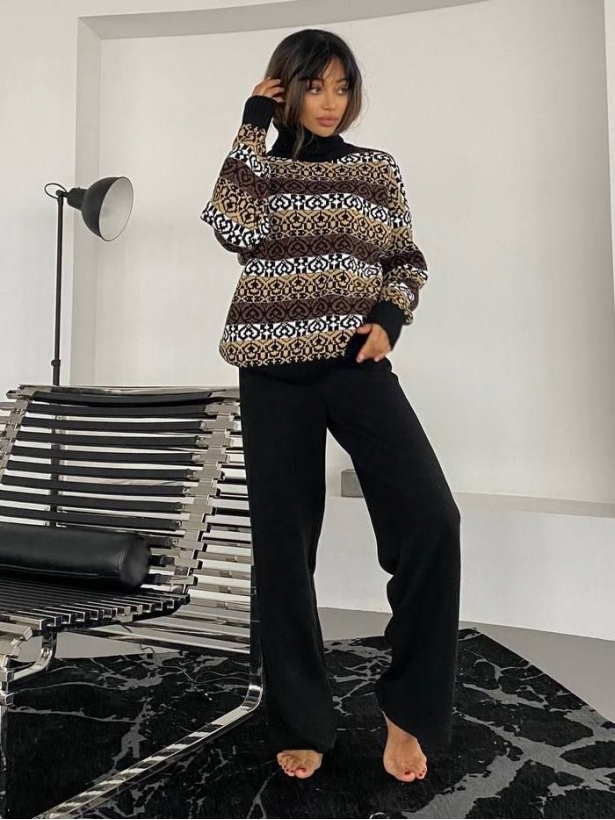 Wide trousers ornament sweater knitted suit 