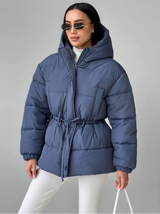 Dark blue winter jacket with a drawstring at the waist