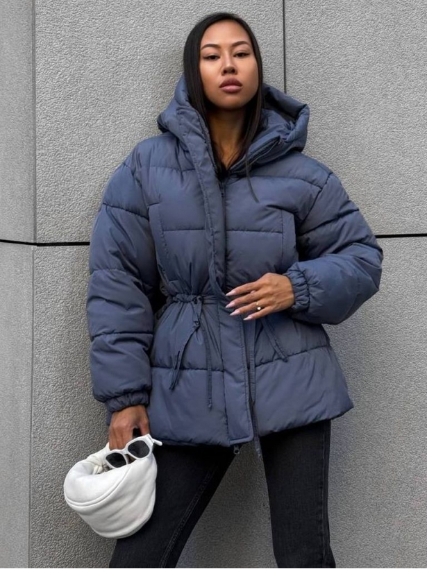 Dark blue winter jacket with a drawstring at the waist