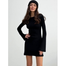Black ribbed mini dress with flared sleeves