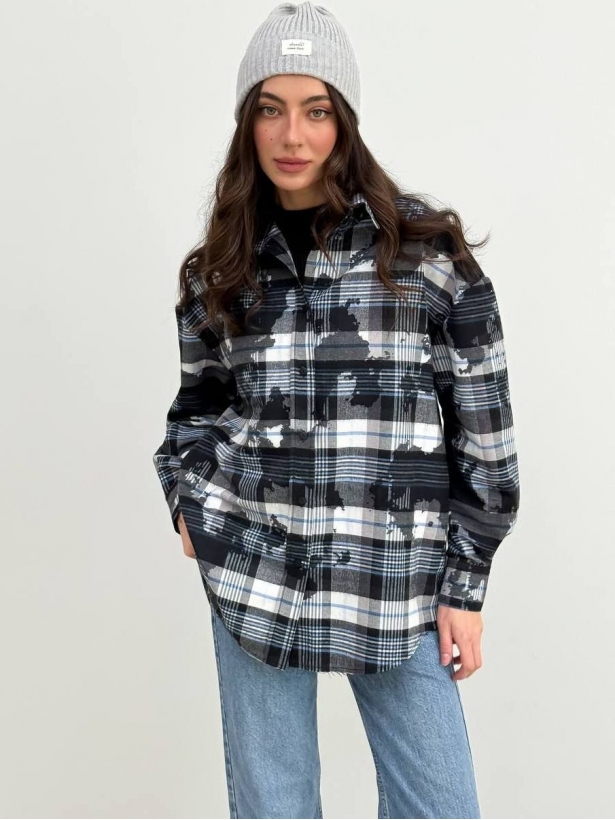 Gray check military style flannel shirt