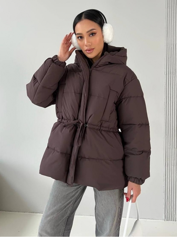 Brown winter down jacket with a drawstring at the waist
