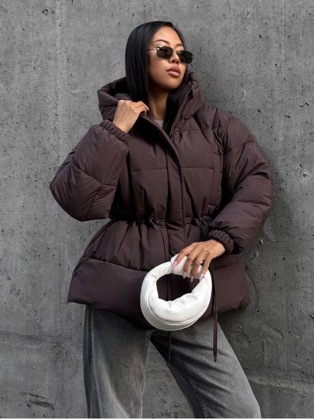 Brown winter down jacket with a drawstring at the waist