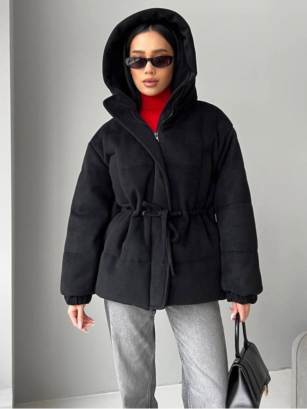 Jacquard winter down jacket with drawstring at the waist