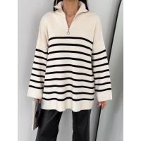 High collar with a zipper striped sweater