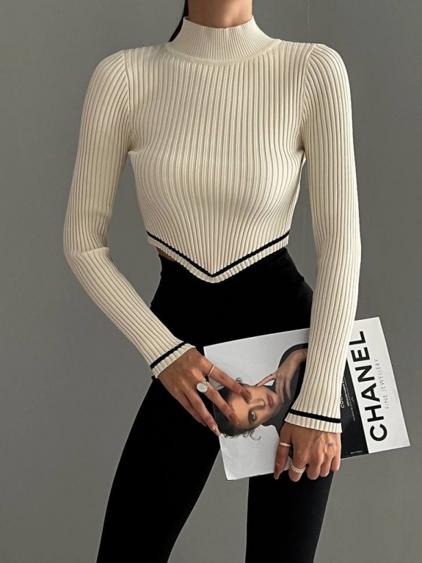 Cropped ribbed  long sleeves top with triangular bottom