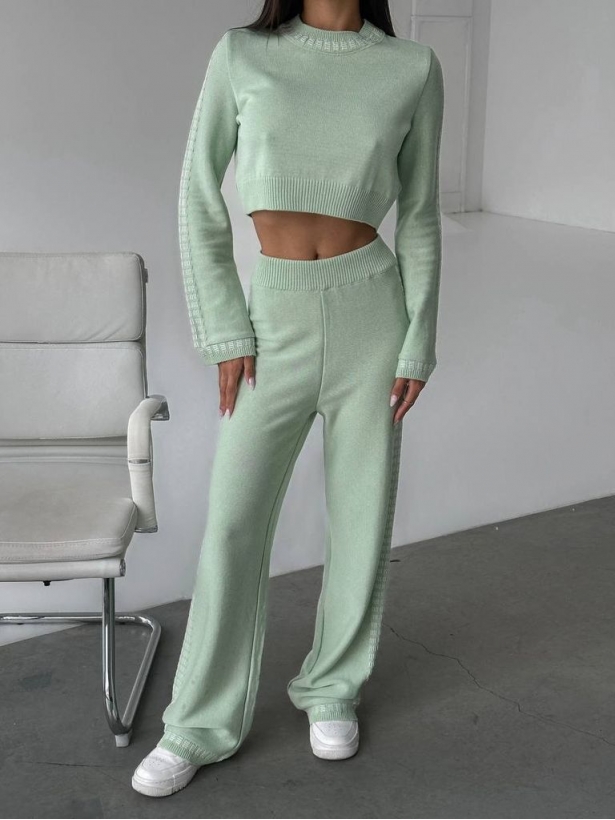 Wide trousers crop top cotton knitted suit