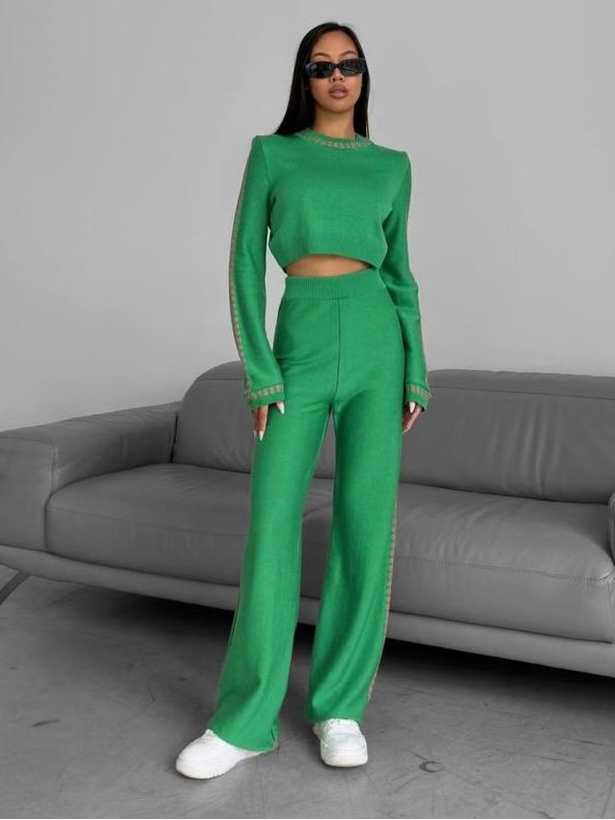 Wide trousers crop top cotton knitted suit