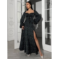 Long black blue flowers print silk corset dress