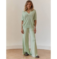 Knitted cotton wide slit pants suit