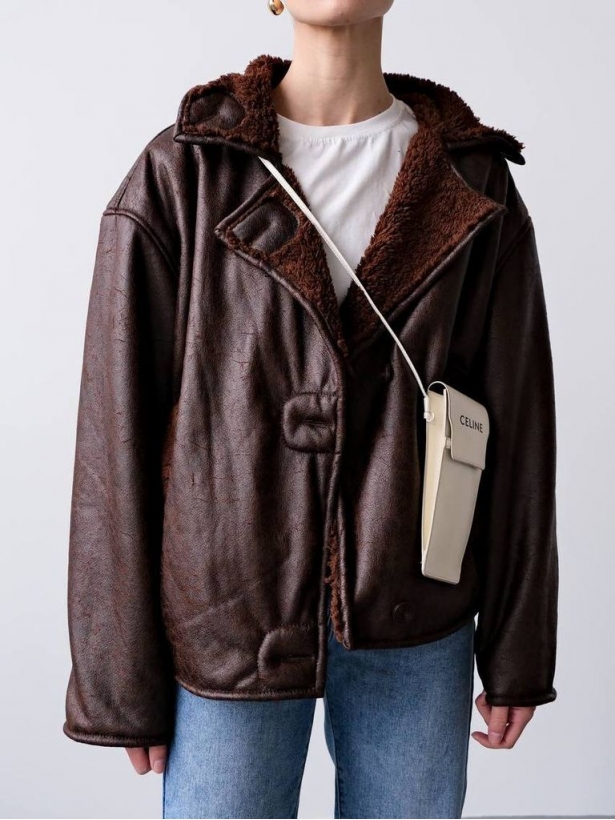 Vintage style brown leather sheepskin jacket