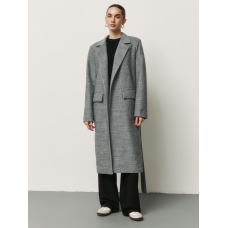Gray midi coat with belt and shoulder pads