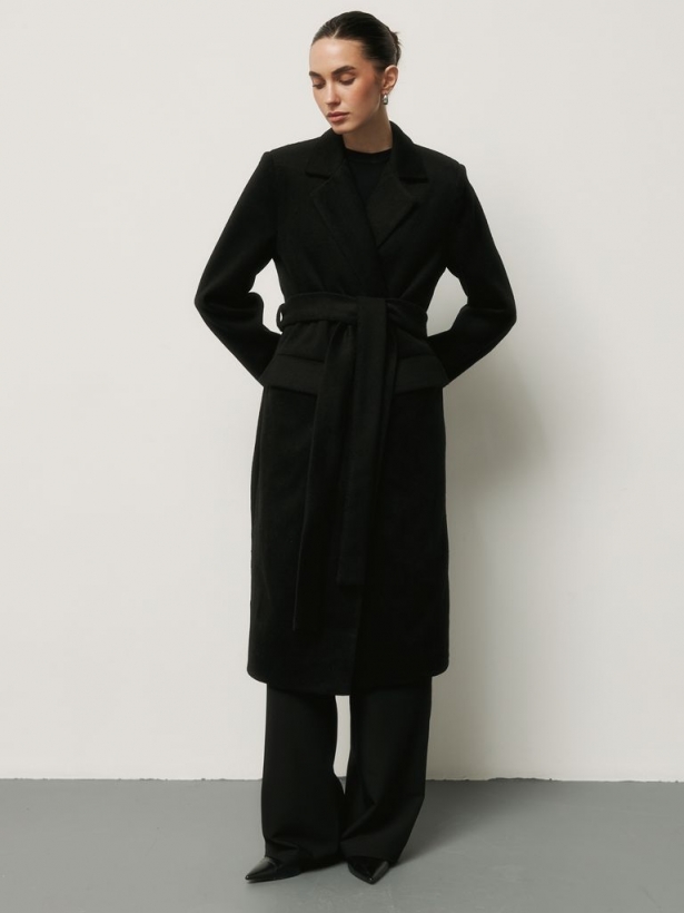 Black midi coat with belt and shoulder pads