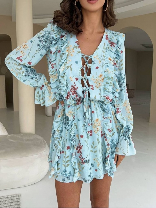 Floral chiffon mini dress with lacing and ruffles
