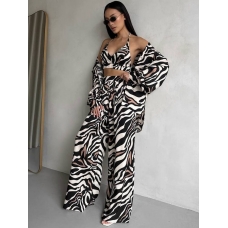 Satin zebra print three-piece trouser suit