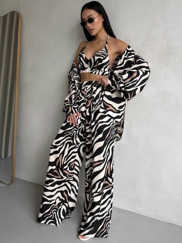 Satin zebra print three-piece trouser suit