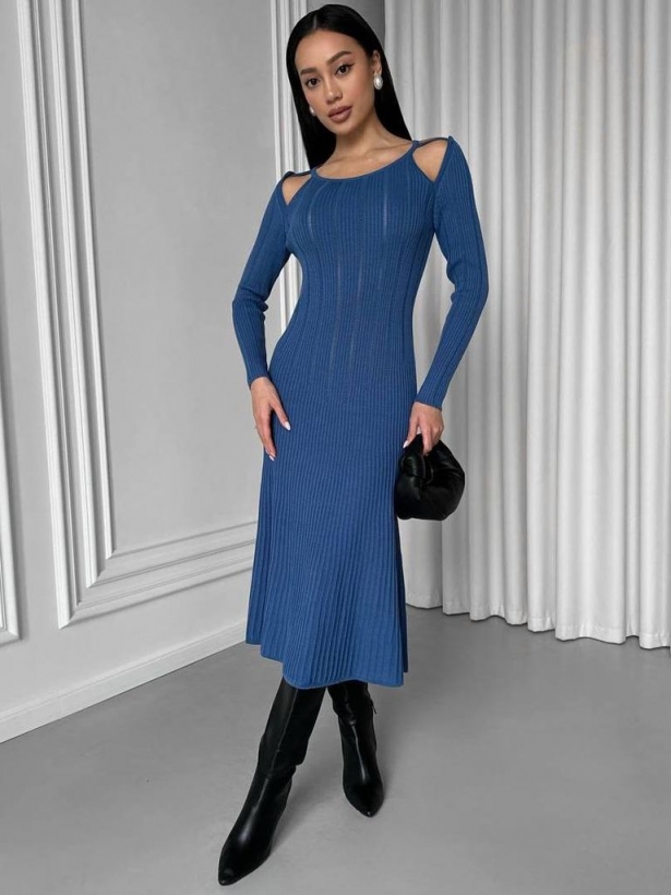 Knitted natural midi dress with cutouts on the shoulders