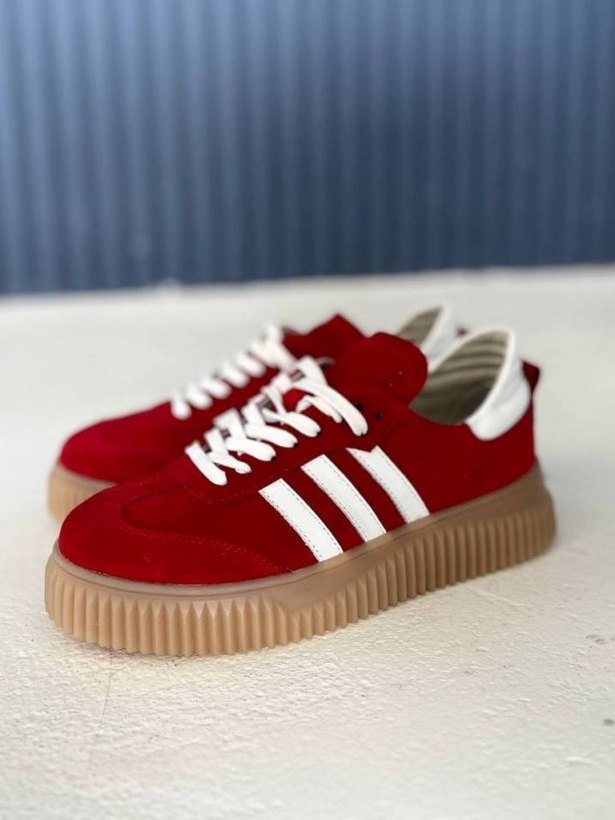 Red genuine suede white stripes sneakers