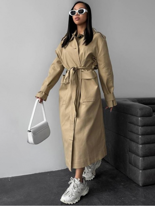 Single-breasted thick cotton midi trench coat