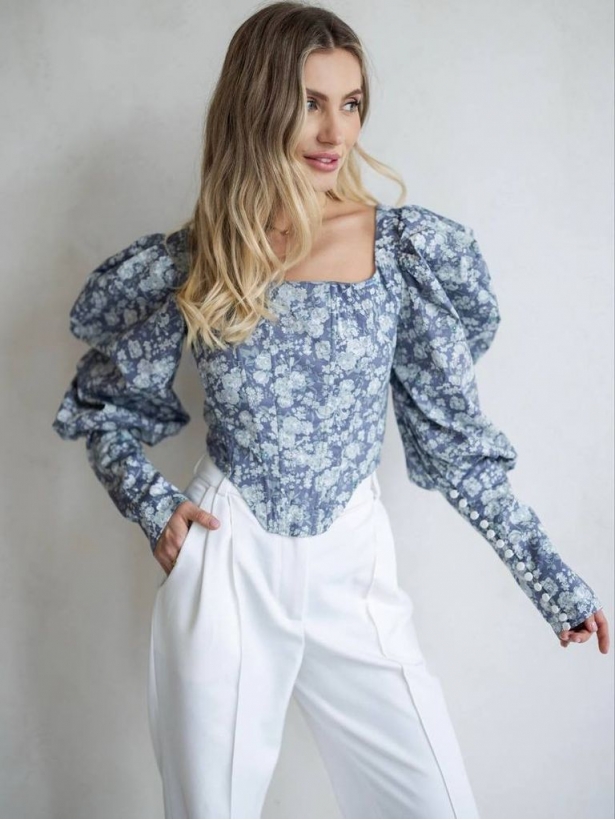 Puffed sleeves cotton corset blouse