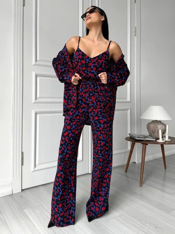 Staple navy blue red poppies three-piece trouser suit