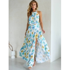 Yellow-blue flowers slit long halter dress