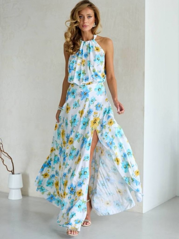 Довга сукня халтер з розрізом на спині в жовто-блакитні квіти