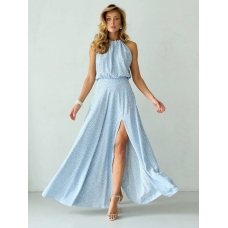 Light blue print slit open back long halter dress
