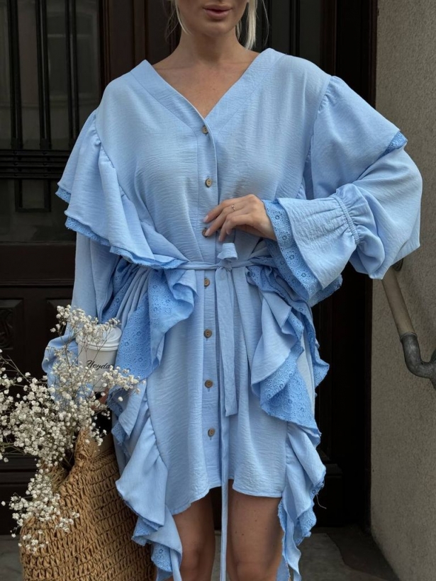 Blue flounces embroidery summer dress 