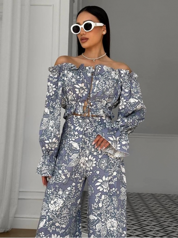 Gray blue printed staple trouser suit