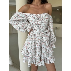 Floral puffed sleeves linen mini dress