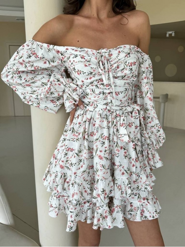 Floral puffed sleeves linen mini dress