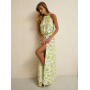 Лляна максі сукня халтер з розрізом в листяний принт