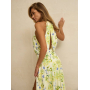 Лляна максі сукня халтер з розрізом в листяний принт