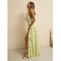 Лляна максі сукня халтер з розрізом в листяний принт