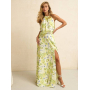 Лляна максі сукня халтер з розрізом в листяний принт