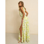 Лляна максі сукня халтер з розрізом в листяний принт