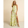 Лляна максі сукня халтер з розрізом в листяний принт