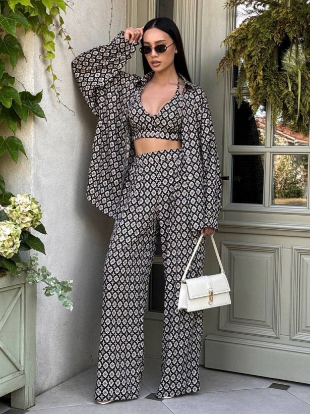 Three-piece printed staple trouser suit