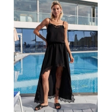 Black linen lace strappy top skirt suit