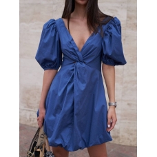 Blue short sleeves mini balloon dress