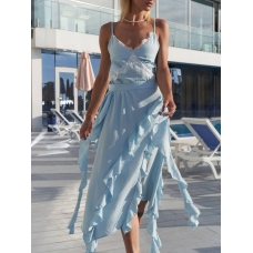 Блакитна лляна сукня з асиметричними рюшами 