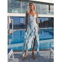 Блакитна лляна сукня з асиметричними рюшами 