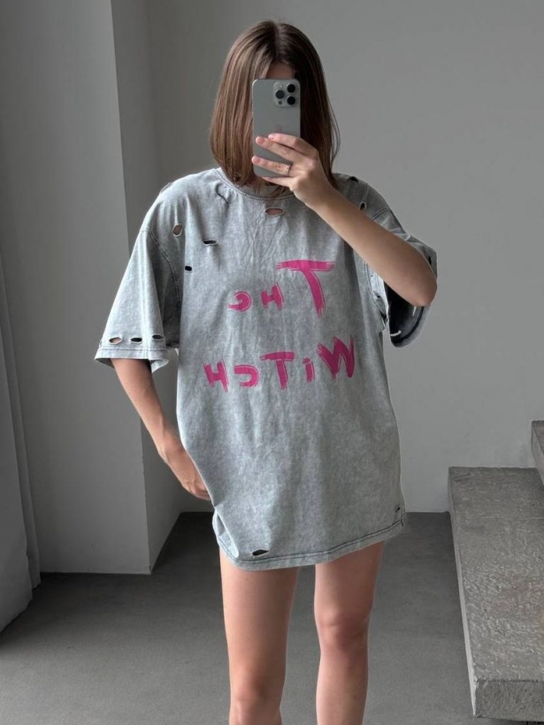 Gray elongated torn T-shirt The witch