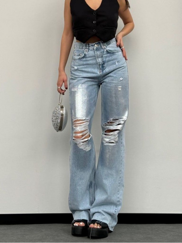 Blue palazzo jeans with holes and silver spraying