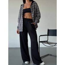 Gray-black plaid shirt wide trousers suit