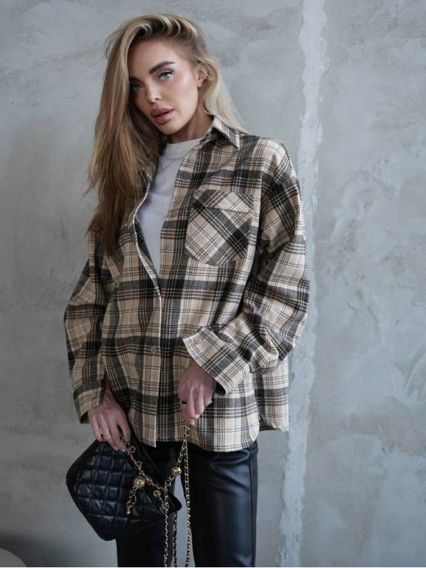 Flannel brown beige plaid shirt