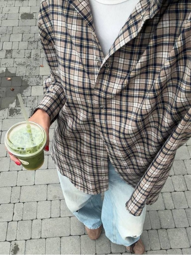 Beige flannel checked shirt with buttons