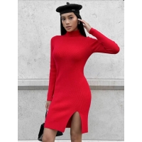 Seamless ribbed slit turtleneck dress