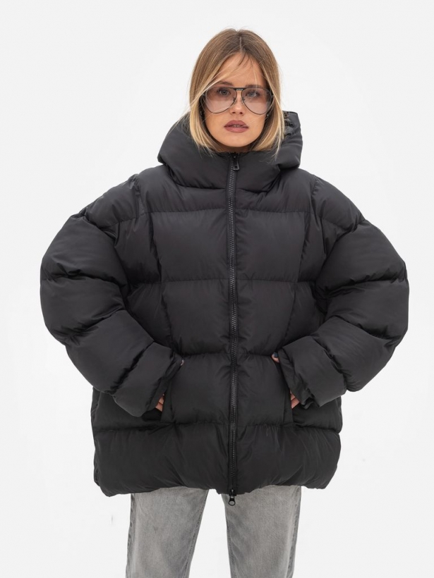 Black oversized hooded down jacket